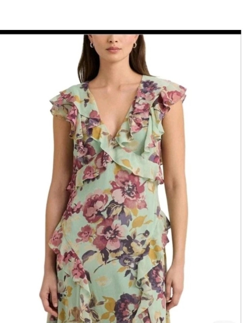Ralph Lauren Petite Mint Green Floral Ruffle V-Neck Midi Dress